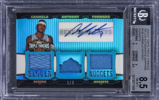 2007-08 Topps Triple Threads Sapphire Auto #TTRA-109 Carmelo Anthony Signed Patch Card (#1/3) - BGS NM-MT 8.5/BGS 9
